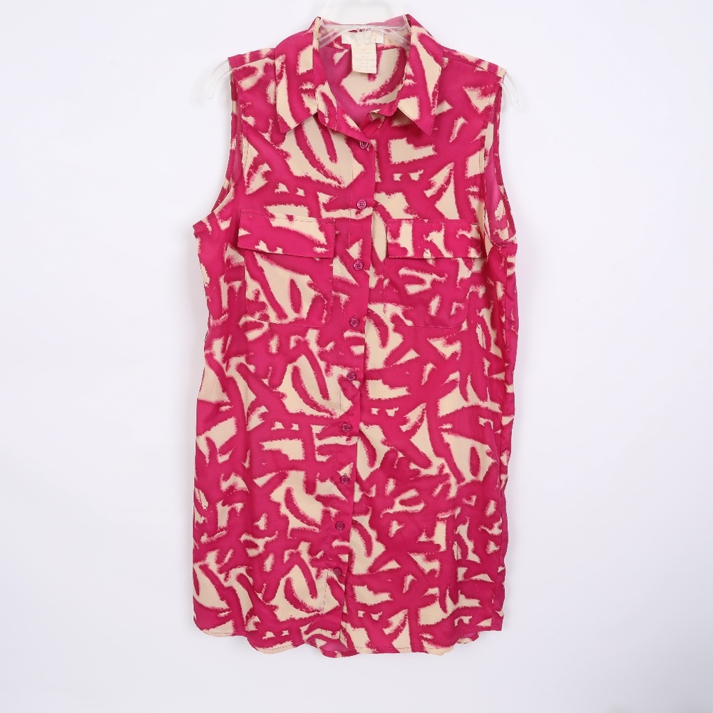Above Knee Shirt Dress Abstract Fushia Print M